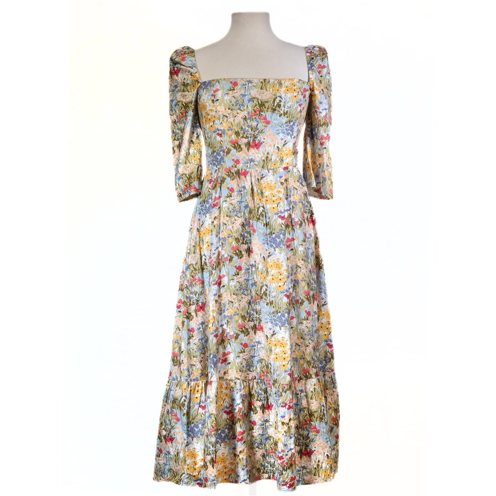 Reformation Cyprus Midi Dress Women 8 Floral EUC Puff Sleeve Smocked Cottagecore